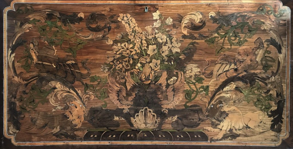 28 4A._Workshop_in_Rome_of_Richard_Lebrun,_inlaid_panel,_around_1730_._High-value_woods,_ivory_and_mother-of-pearl_._cm_111,1_x_58,7_.
