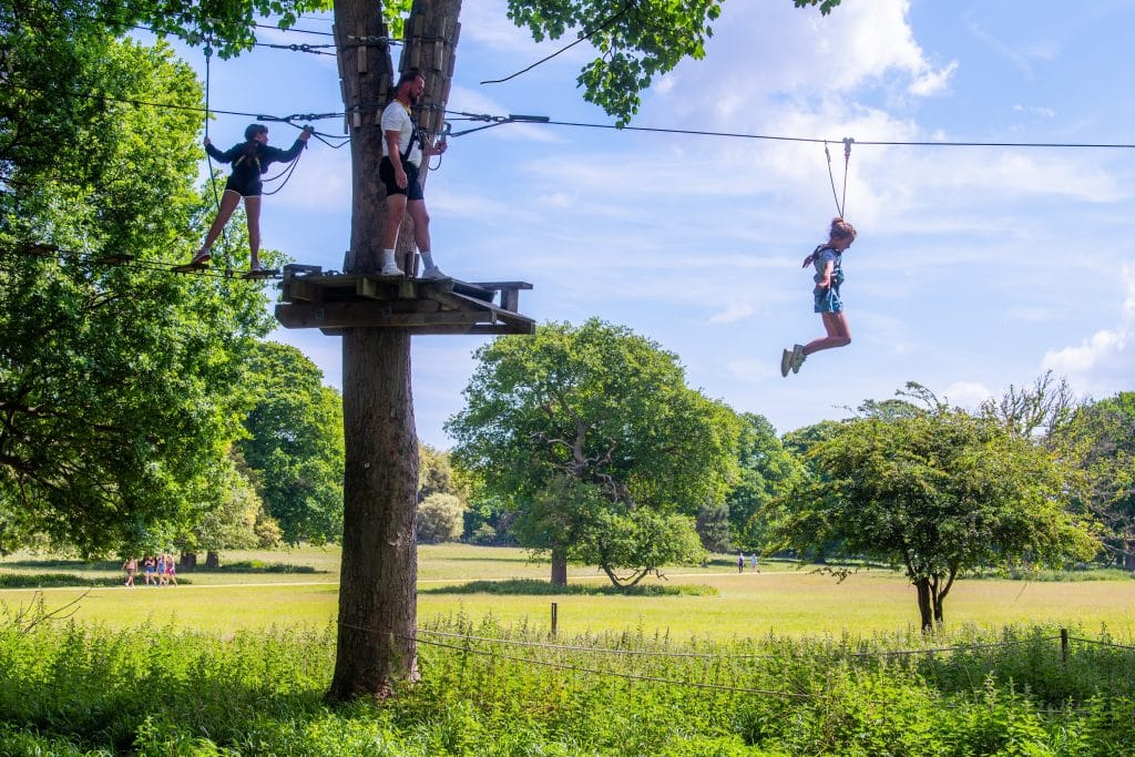 Children zipping down the zip line at Holkham High Ropes on a sunny summer day!