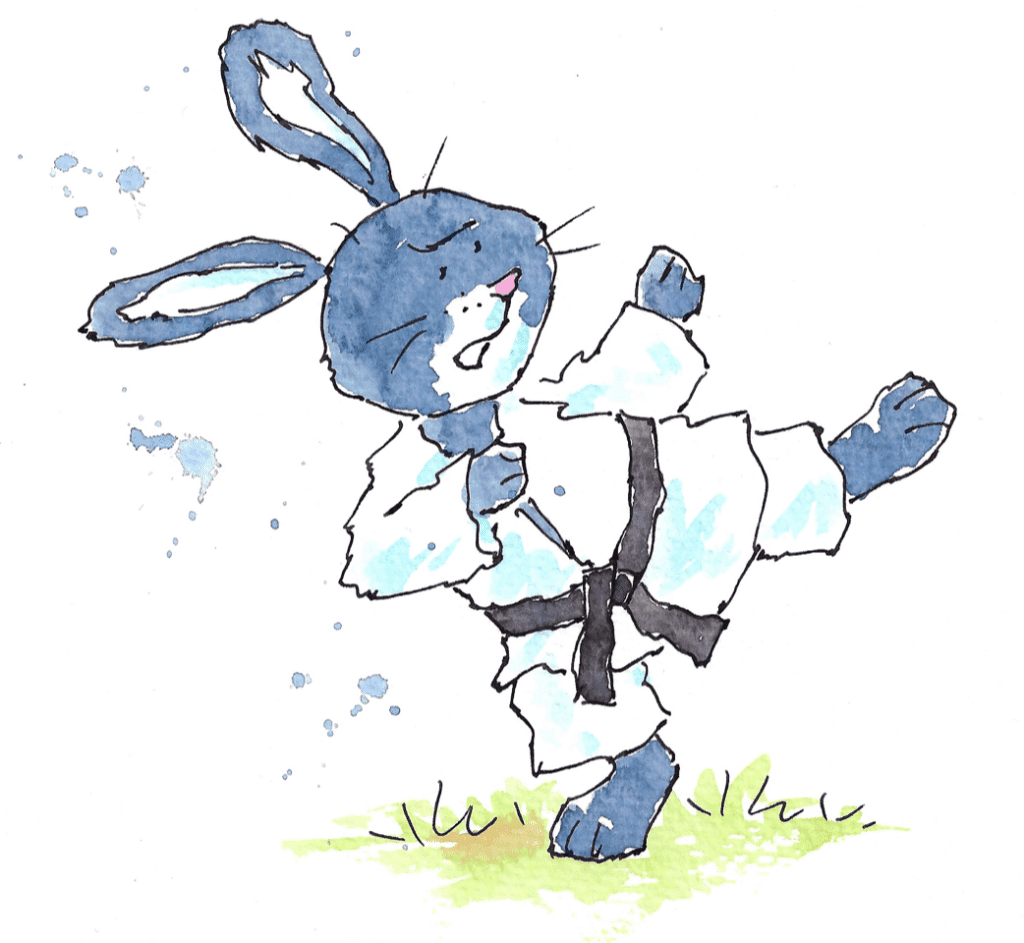 An illustration of a blue hare in a karate outfit