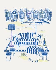 A blue and white illustration of a stripey sofa rug and lamp in front of the beach huts on Wells Beach.
