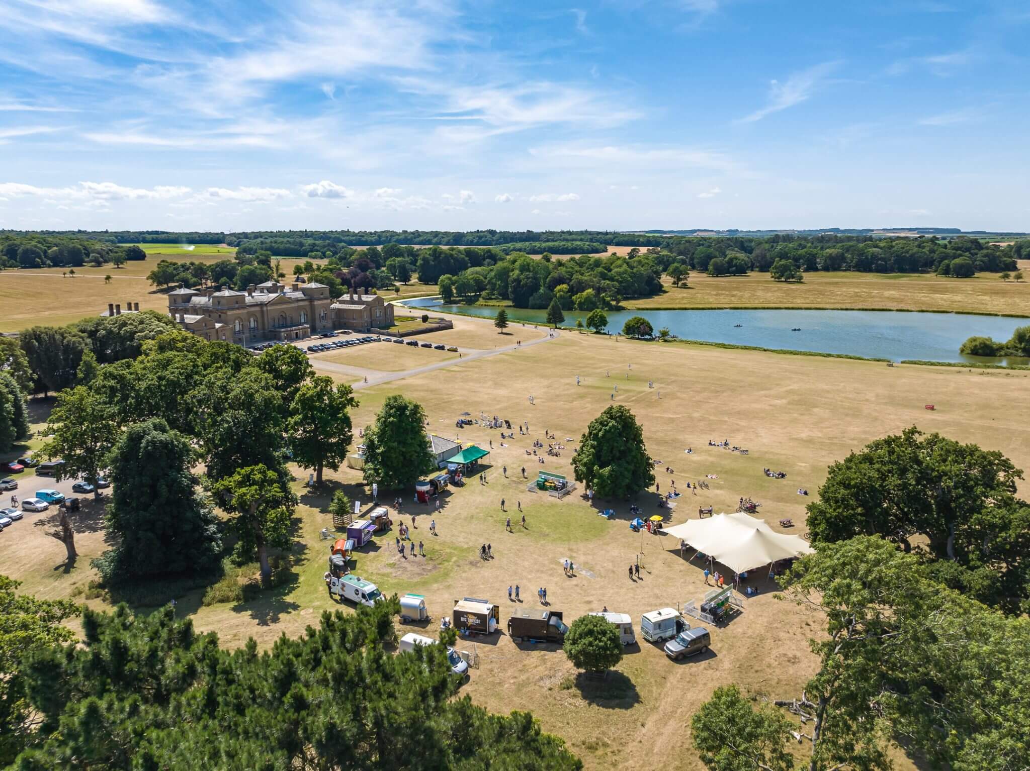 Aerial shot of food trucks and Holkham Park