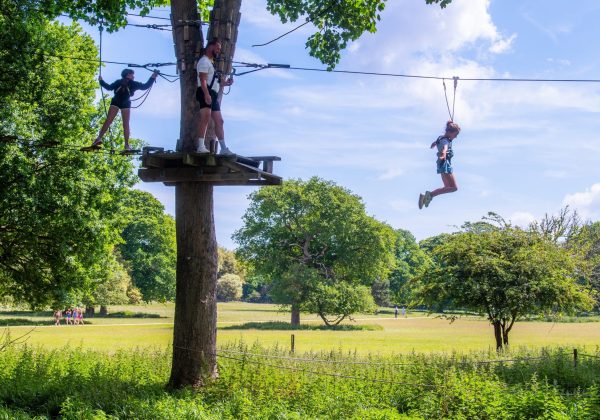 A girl zips on a zip wire on a summer day at the ropes course at Holkham