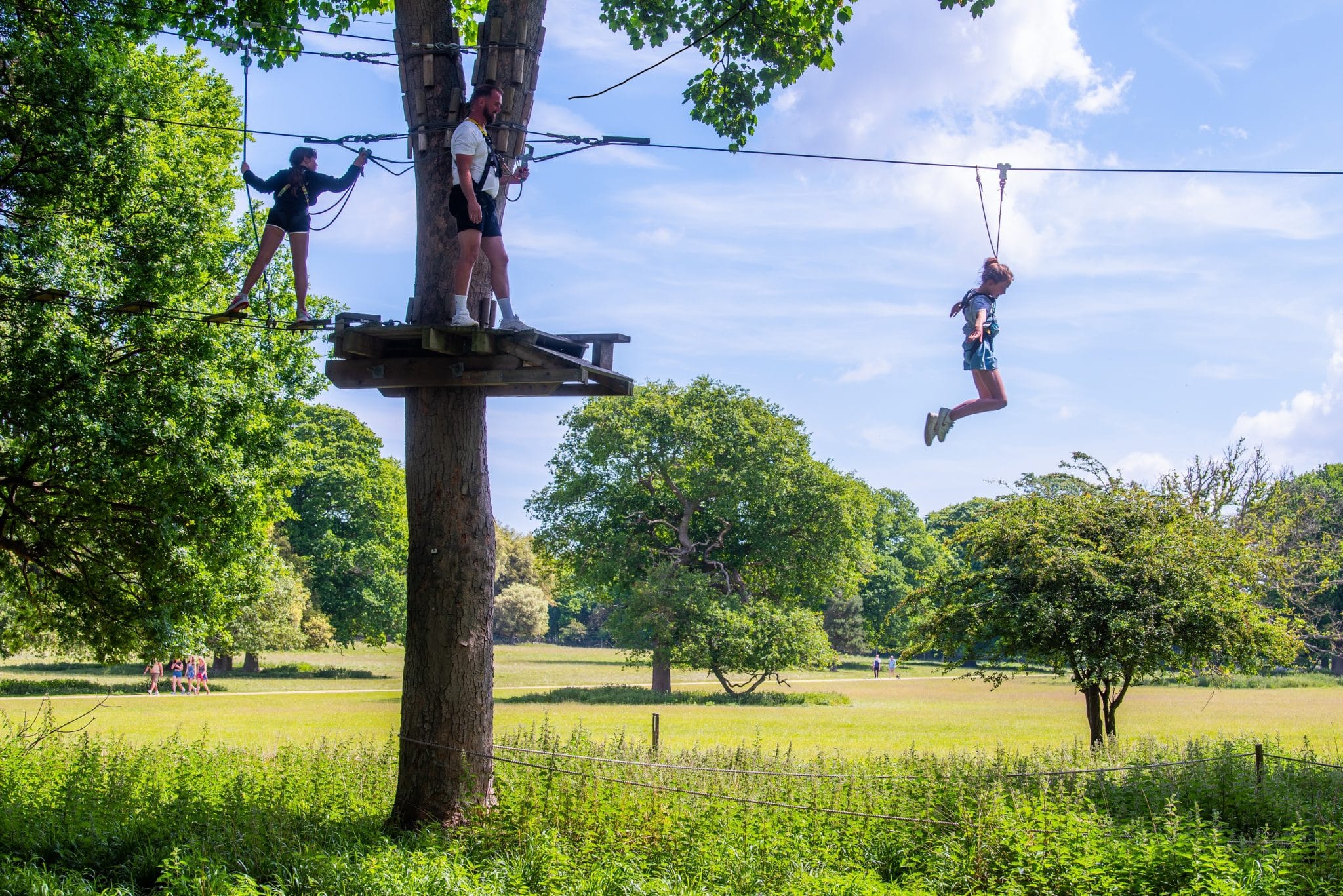 A girl zips on a zip wire on a summer day at the ropes course at Holkham
