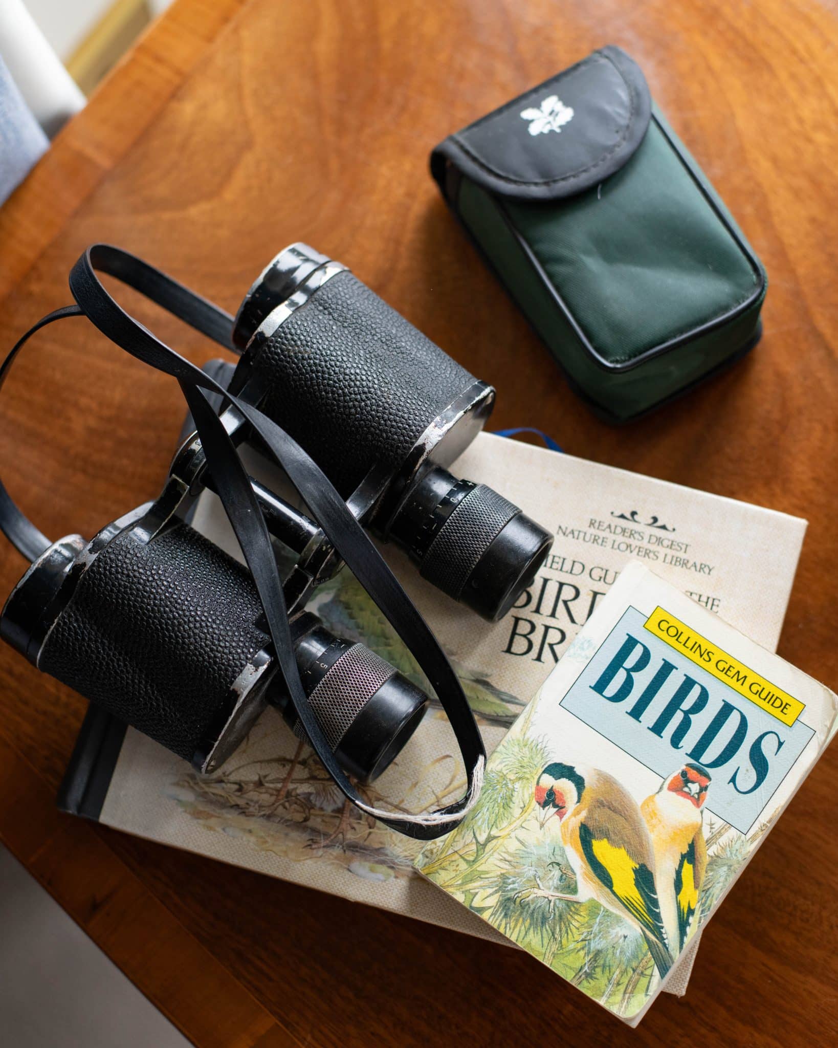Binoculars and bird books